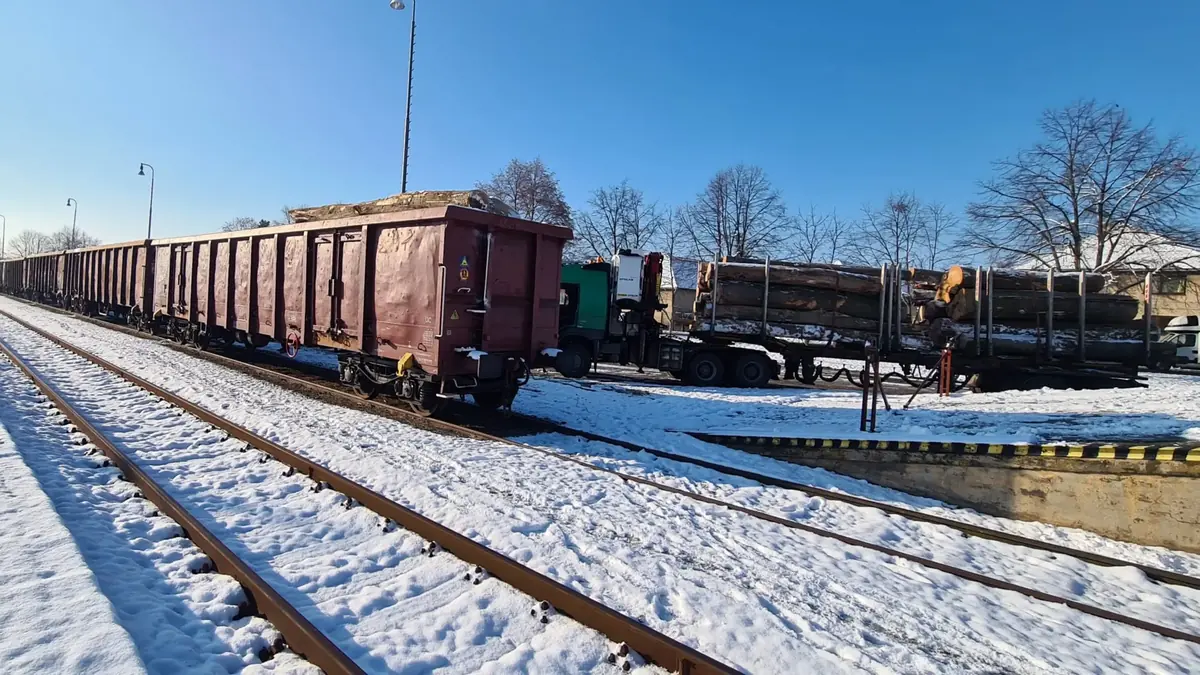 Freight train and logging truck in a snow-covered yard