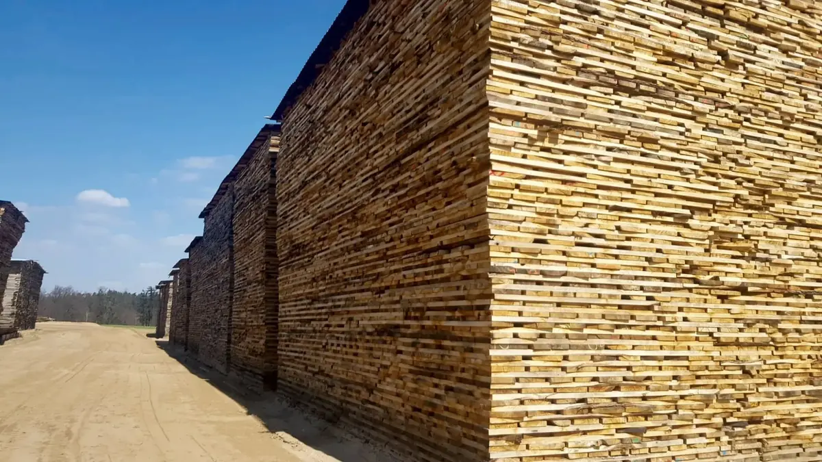 Tall stacks of cut lumber under a blue sky