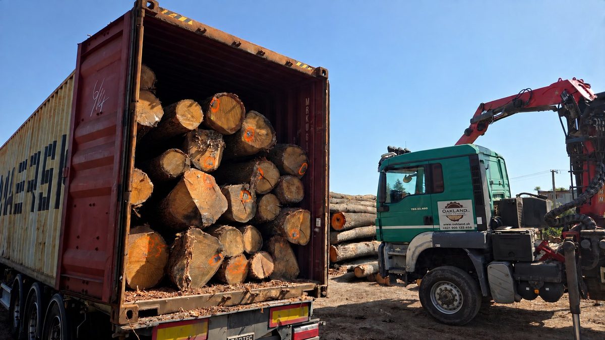 OakLand timber truck beside a shipping container loaded with logs
